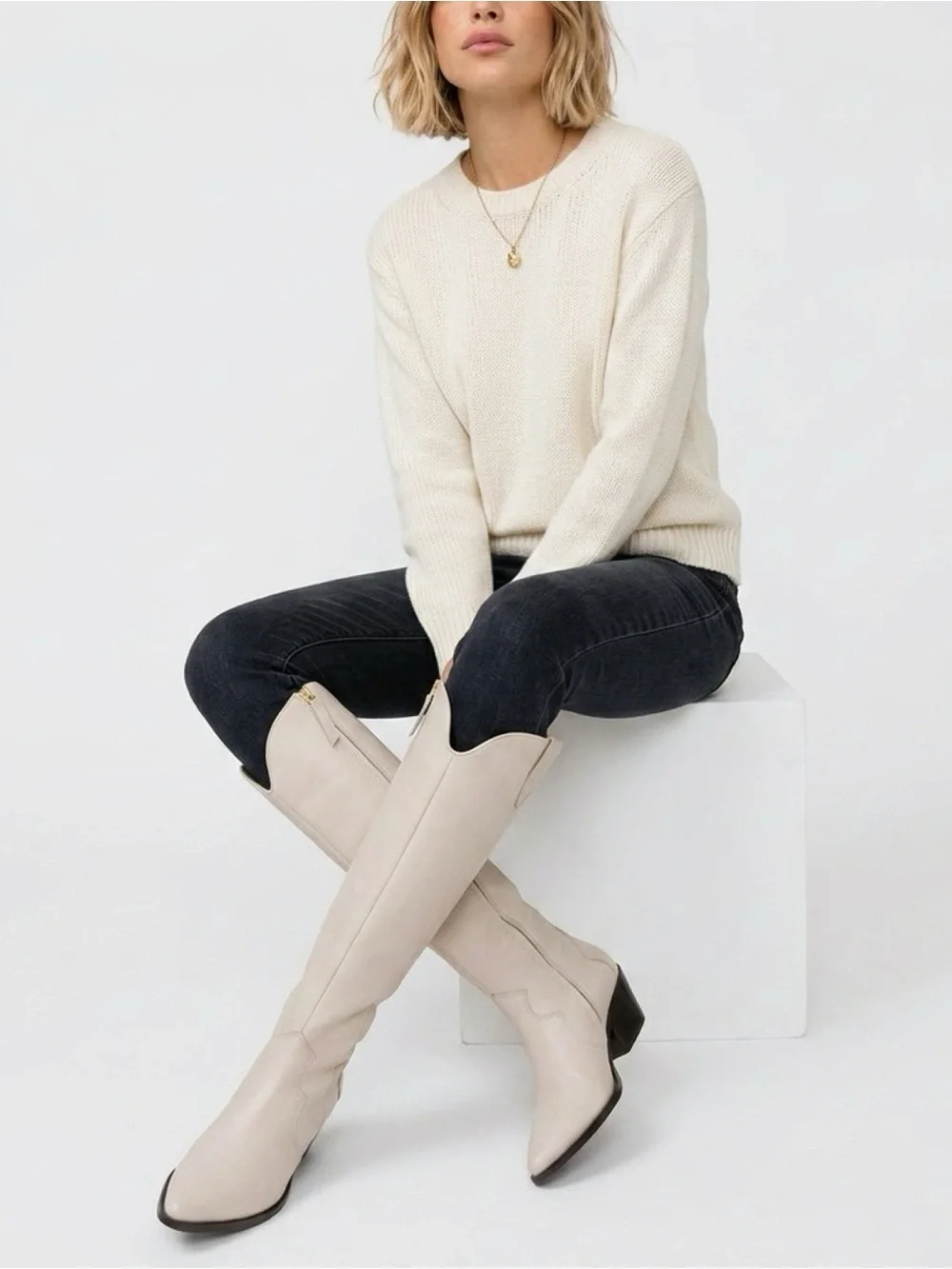 Nordstrom White Leather Over-the-Knee Western Boots